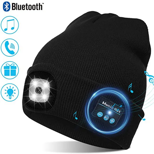 Unisex Bluetooth Beanie Hat with Light; Built-in Speaker Mic; Headlamp Cap with Headphones; Tech Gift for Men Women