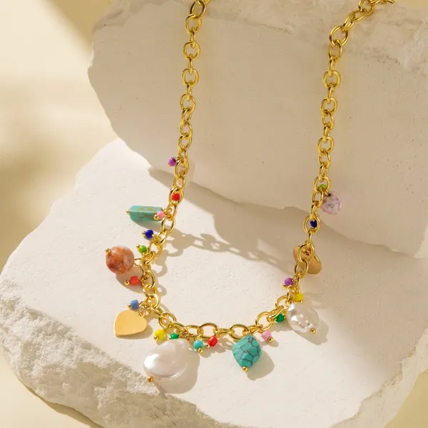 Elegant Natural Stone Rice Bead Shell Pendant Necklace for Women, Colorful Alloy Geometric Jewelry, Trendy Clavicle Chain, Perfect Festival Accessories & Gift